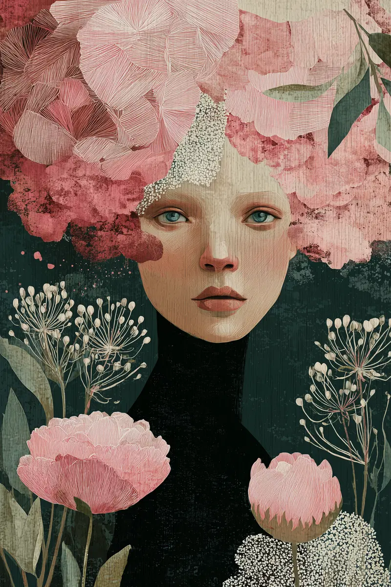 Surreal portrait of a woman with large pink floral headpiece and botanical accents