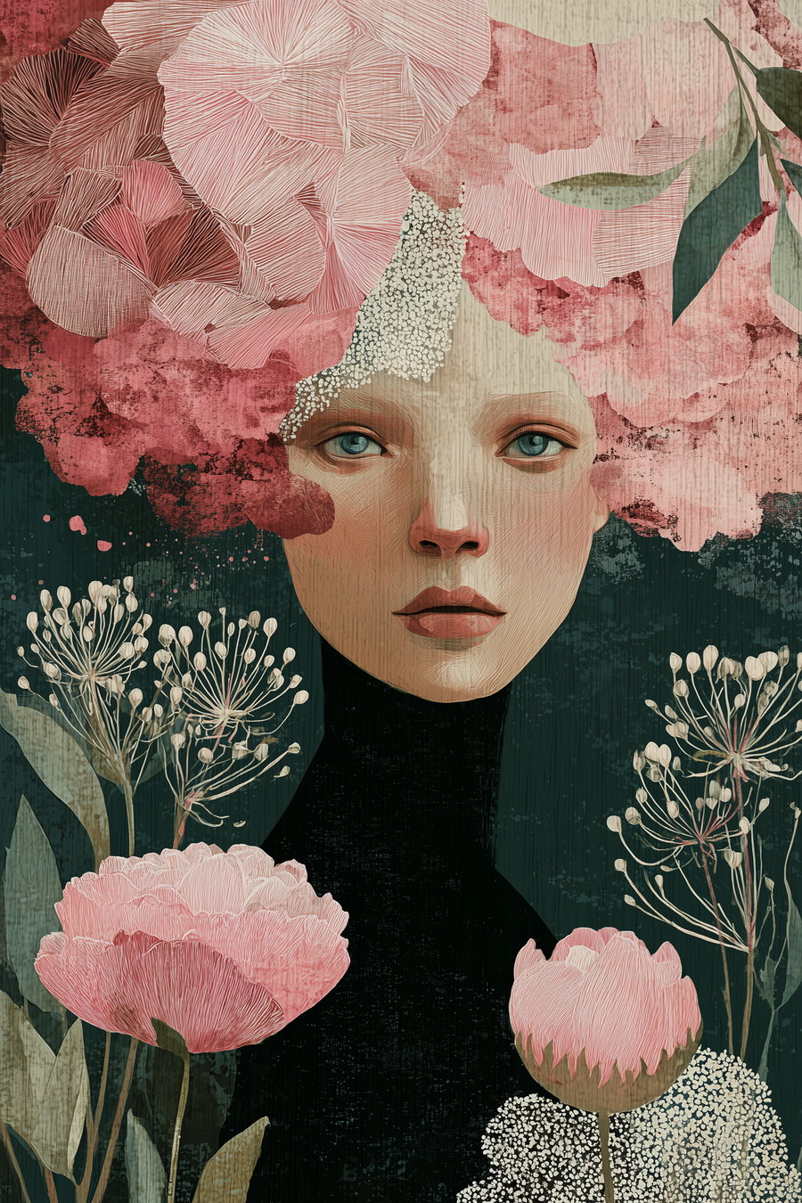 Digital painting of a woman's face with pale skin, blue eyes, and a large pink floral headpiece surrounded by various flowers and greenery on a dark background