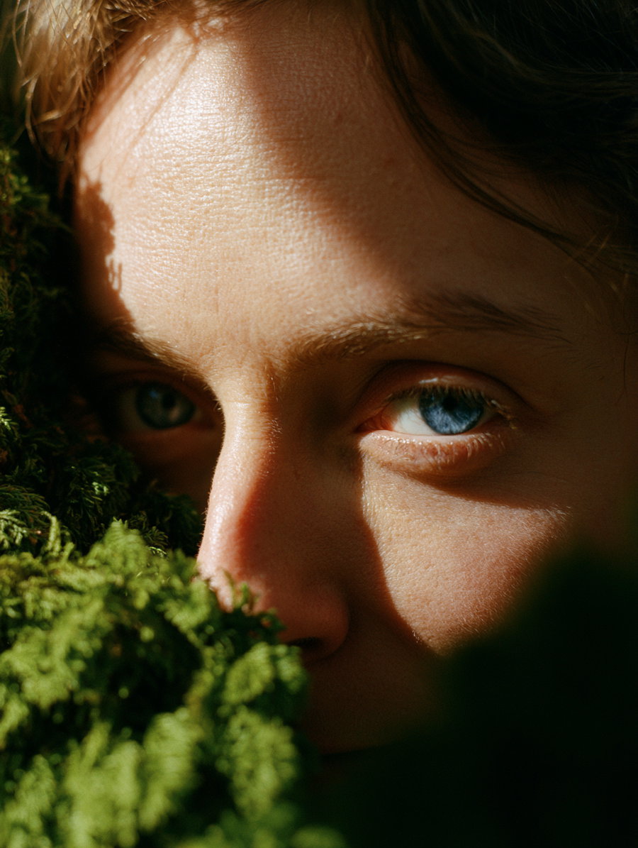 Close-up image of a person's face with blue eyes looking through green leafy plants in soft natural light