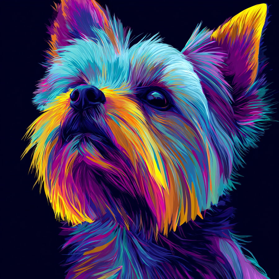 Digital painting of a small dog with blue, yellow, purple, and orange fur against a black background