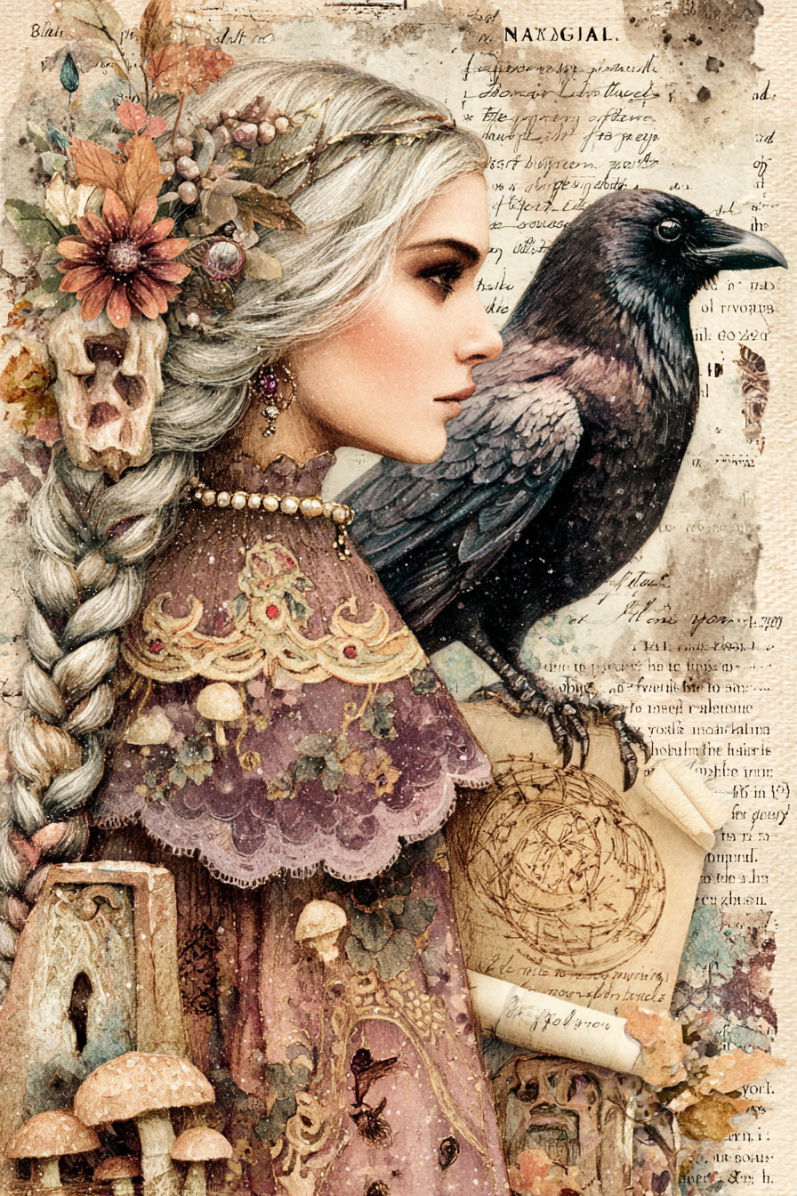 Illustration of a woman in profile with pale braided hair adorned with flowers, a pearl necklace, and wearing a detailed vintage-style dress with mushroom and floral motifs, accompanied by a large black raven perched on her shoulder, set against a background of aged paper with handwritten text and botanical details.