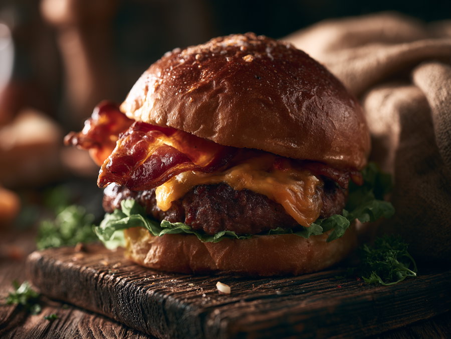 A detailed close-up of a cheeseburger with melted cheese, crispy bacon, and fresh lettuce inside a glossy bun, placed on a rustic wooden board with a blurred background.