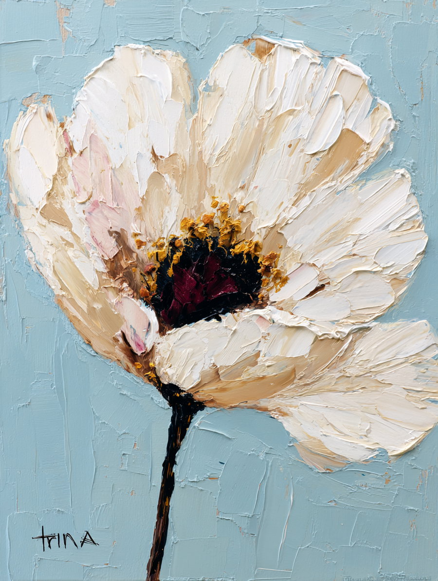 Close-up oil painting of a white flower with beige and brown tones on a textured blue background
