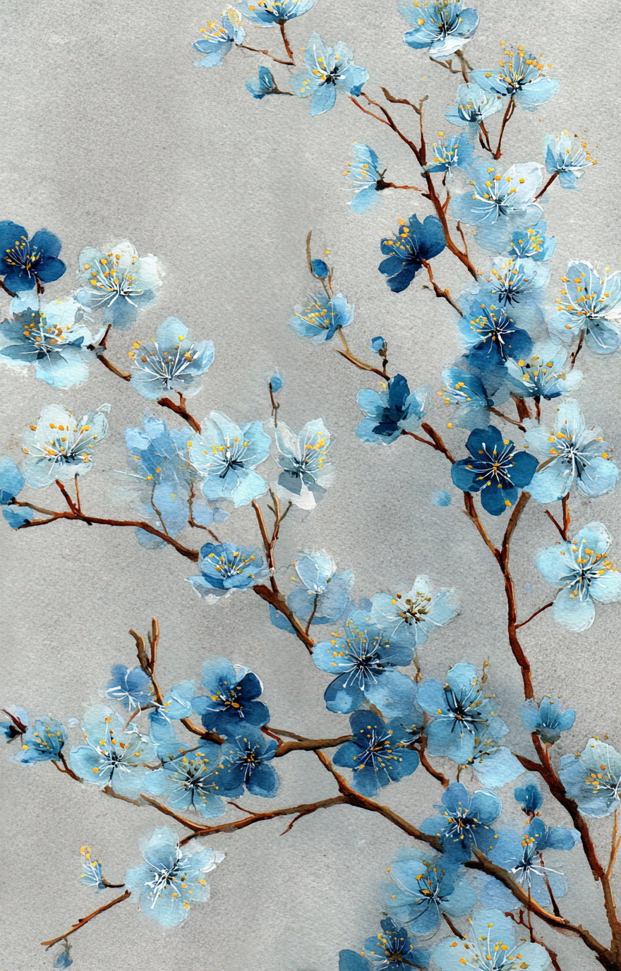 Watercolor painting of blue flowers and branches on a gray textured background