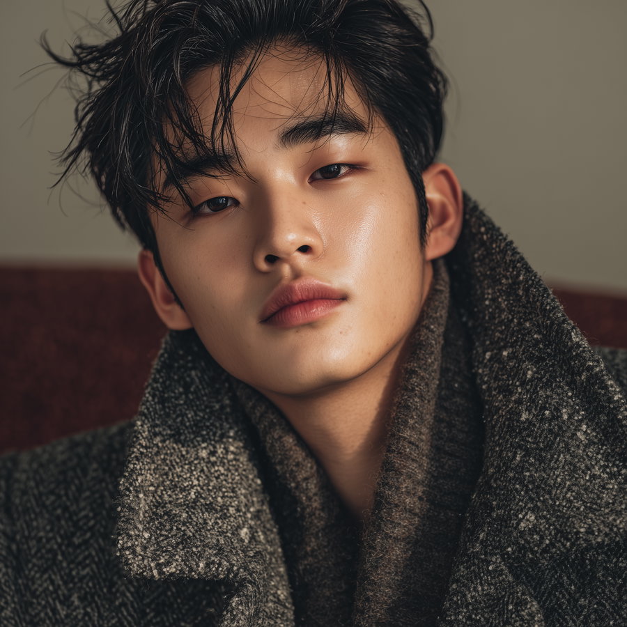 A close-up portrait of a young man with tousled black hair, wearing a textured dark grey coat and a brown knit turtleneck sweater, against a muted background.