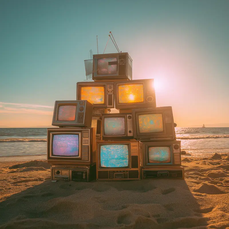 Stack of retro vintage televisions on a sandy beach at sunset