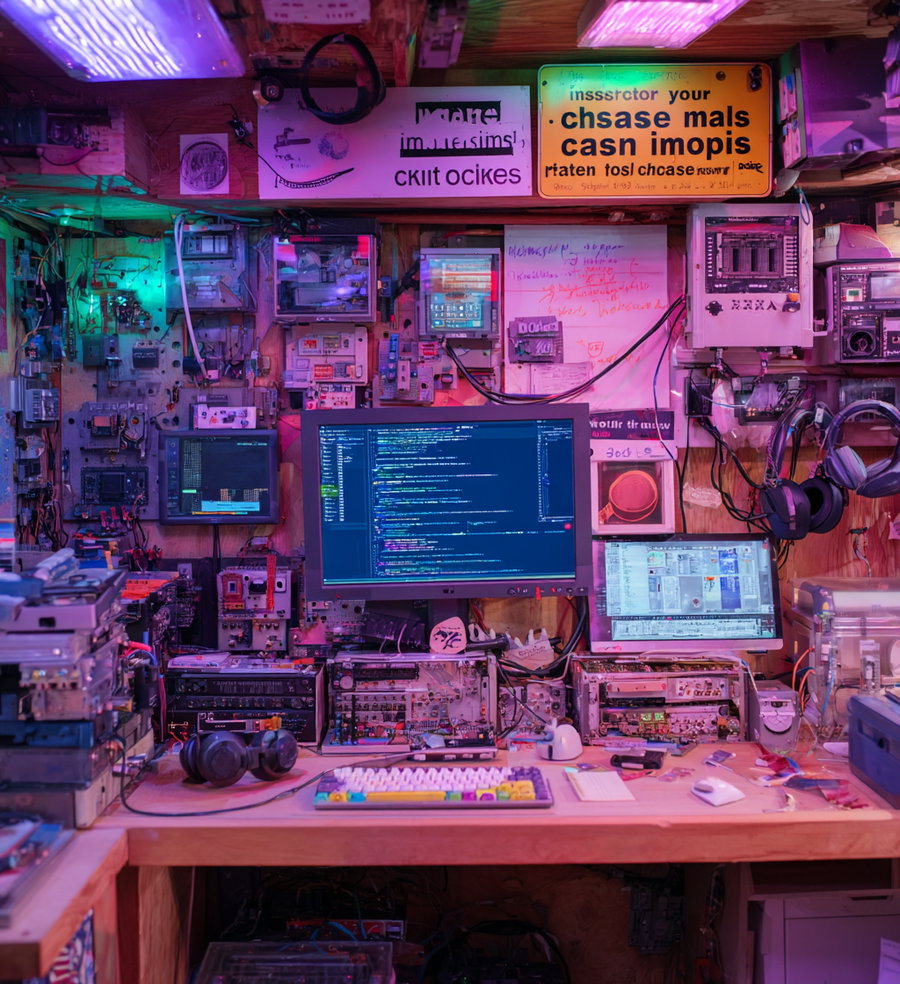 A detailed workspace featuring multiple large monitors, vintage electronic devices attached to the walls, colorful LED lights, a mechanical keyboard, headphones, and an eclectic arrangement of electronic components.