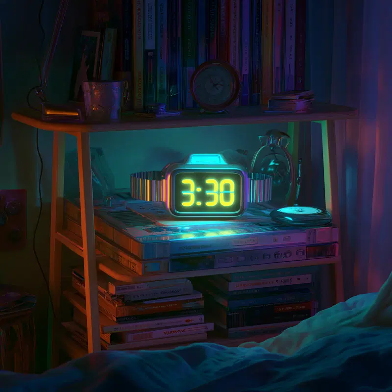 Cozy bedside setup with bookshelf, neon clock, and vintage decor