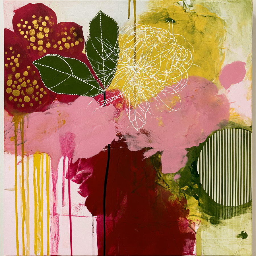 An abstract painting featuring bold red and pink flowers with green leaves, yellow accents, and white line details on a light background