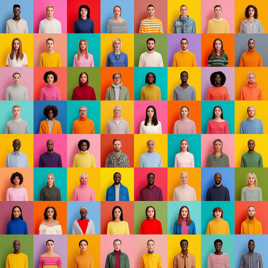 A collage of diverse people in various colorful clothing posing against bright, solid color backgrounds arranged in a grid