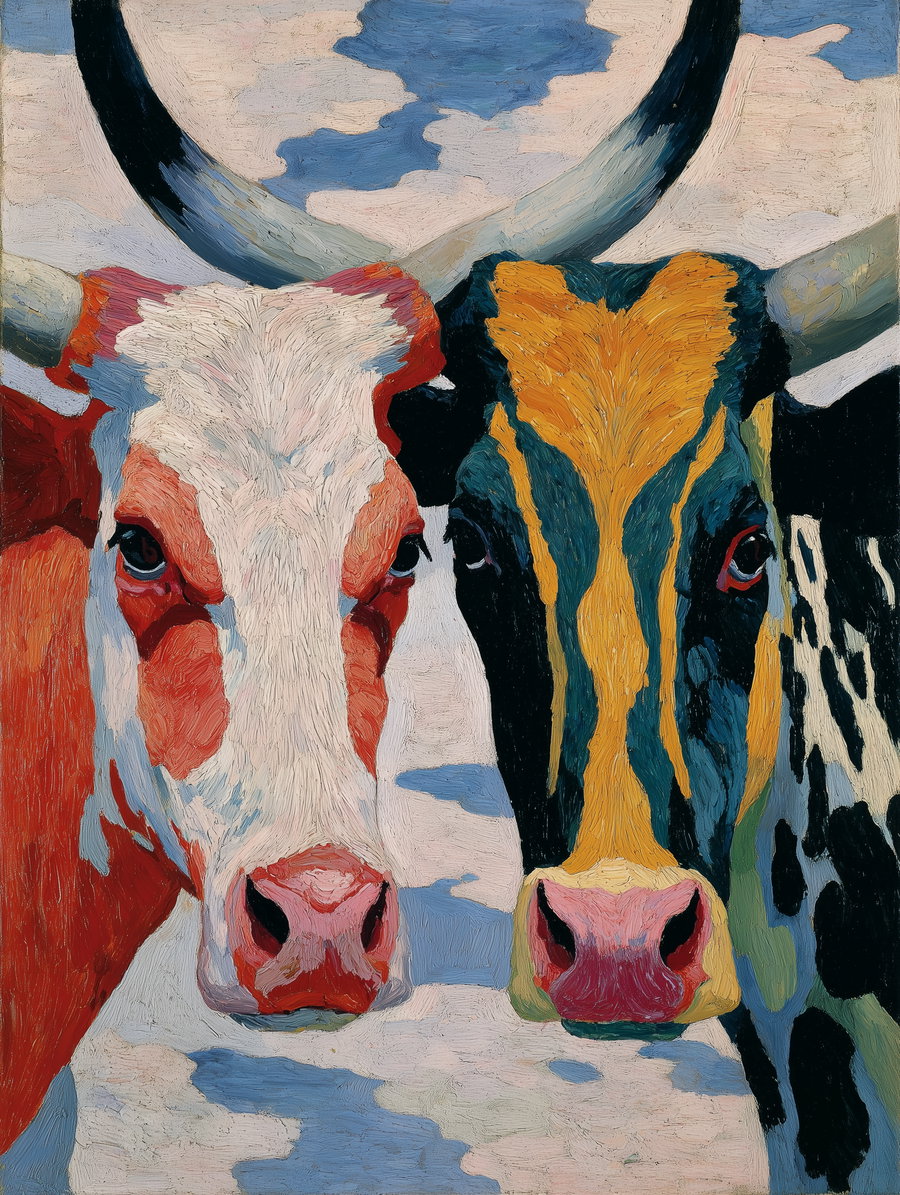 A vibrant oil painting showing two cows facing forward with large horns, one with red and white markings and the other with yellow, black, and blue markings, set against a cloudy sky background