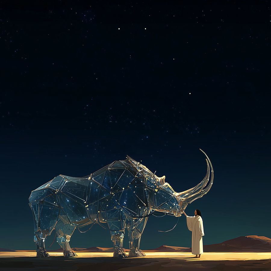 A surreal digital artwork showing a large transparent rhinoceros structure composed of geometric shapes and lights, with a person in white garment touching its face under a night sky filled with stars.