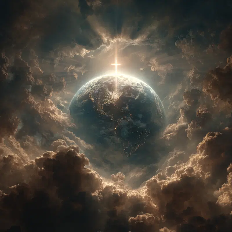 Dramatic depiction of Earth with radiant heavenly light through clouds