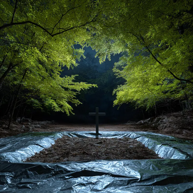 Moody forest scene with a cross in the center of a metallic square trench