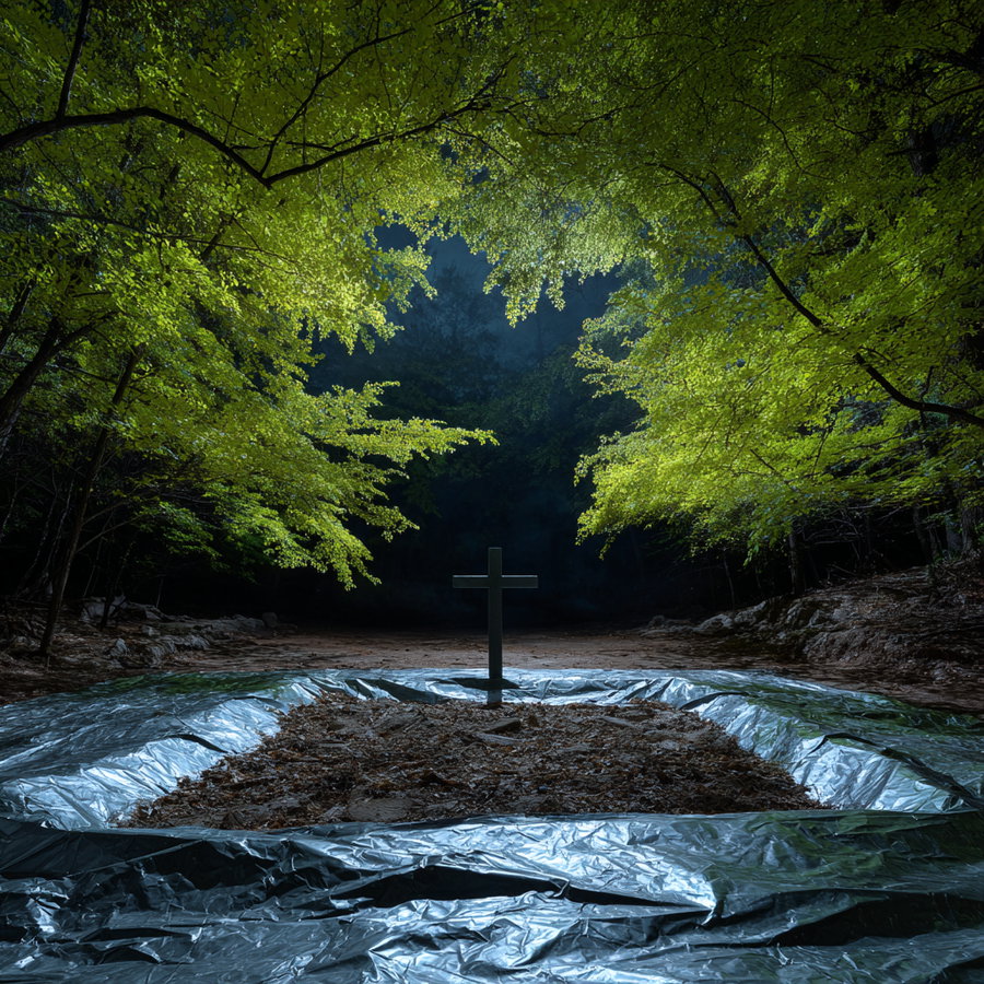 A dark forest clearing at night with bright green tree leaves, a metallic silver square trench on the ground, and a black cross standing upright in the middle