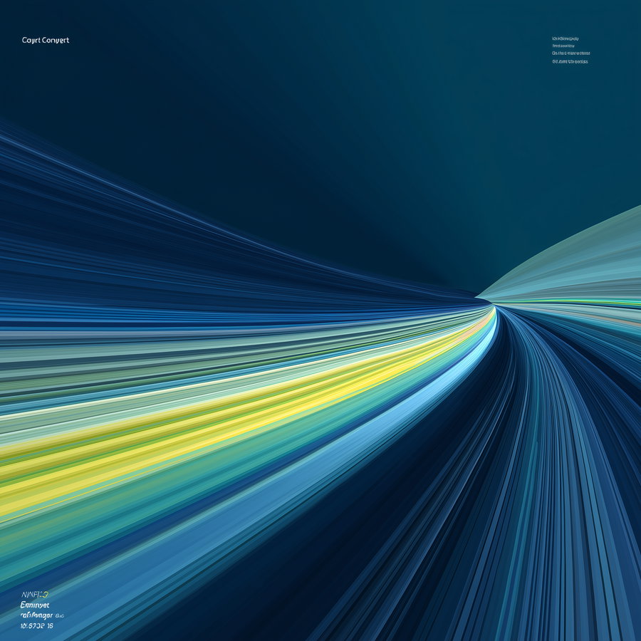 Abstract artwork featuring curved, flowing lines in varying shades of blue and yellow on a dark blue background