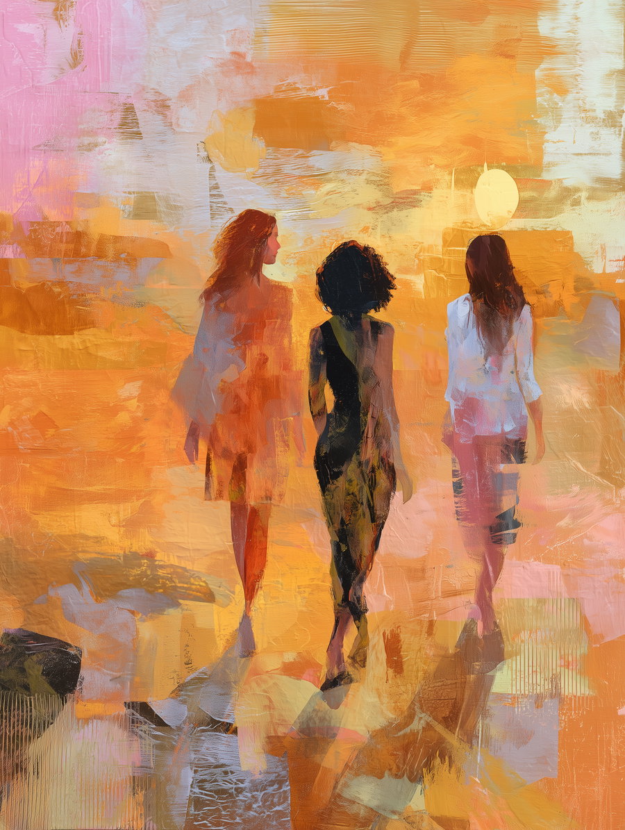 abstract painting showing three women walking away in warm orange, yellow, and pink tones with textured brush strokes