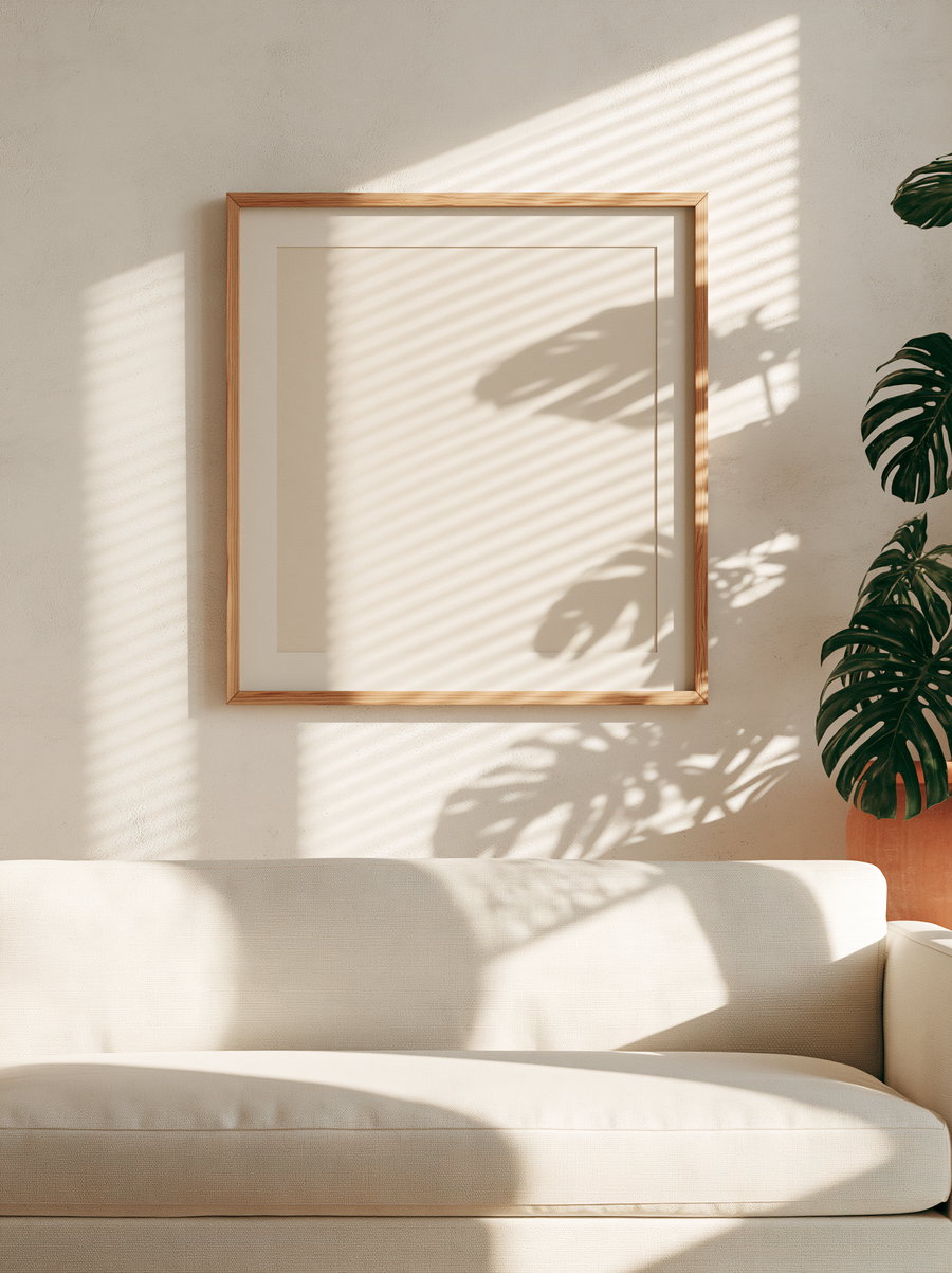 Empty wooden frame with a beige mat on a plain wall lit by striped sunlight and cast shadows of large monstera leaves, above a light beige sofa next to a large potted monstera plant