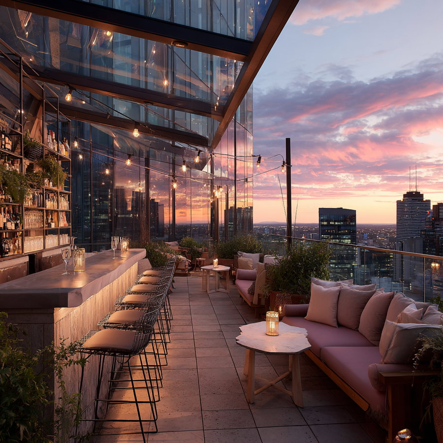 Rooftop bar with a row of bar stools, string lights, cushioned sofas, small tables, and glass building reflecting the sunset sky and city skyline