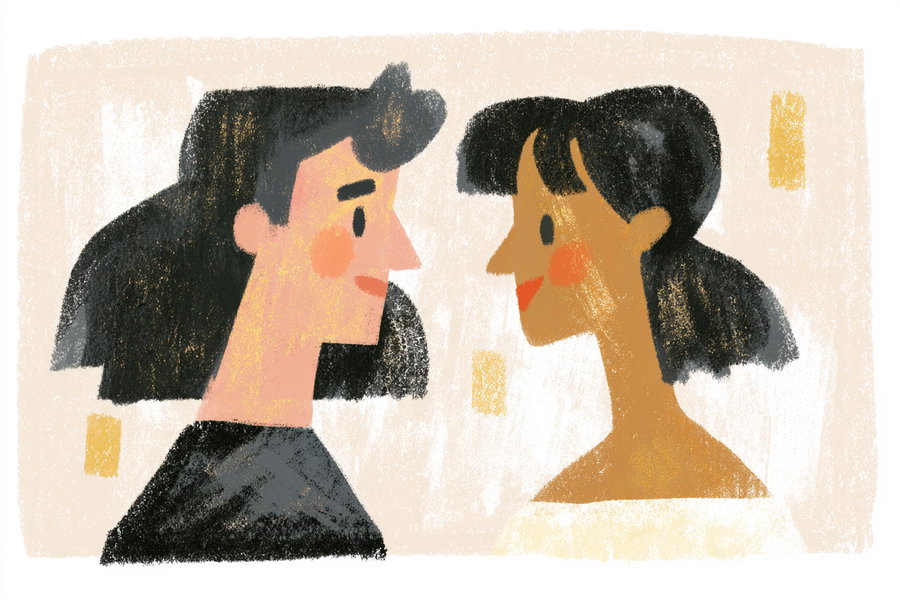 Digital illustration featuring two stylized human faces in profile, one light-skinned and one darker-skinned, both with dark hair and simple facial features, set against a beige textured background with abstract yellow squares
