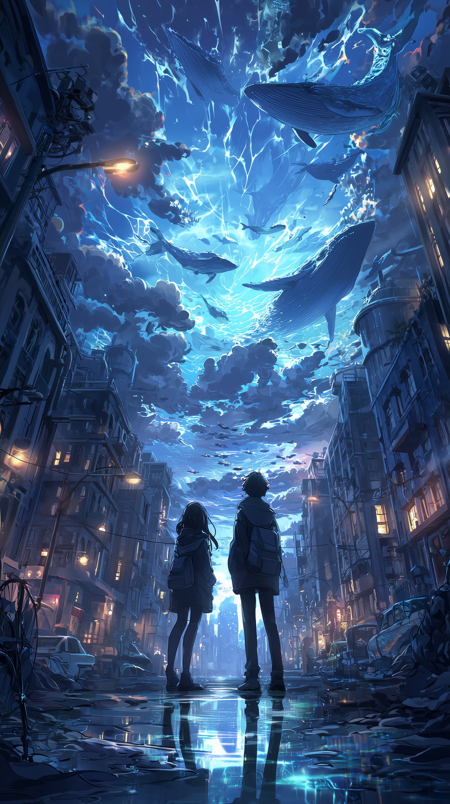 Two silhouetted figures standing on a wet city street at dusk with glowing reflections, looking up at a sky filled with floating whales and clouds illuminated by blue light.