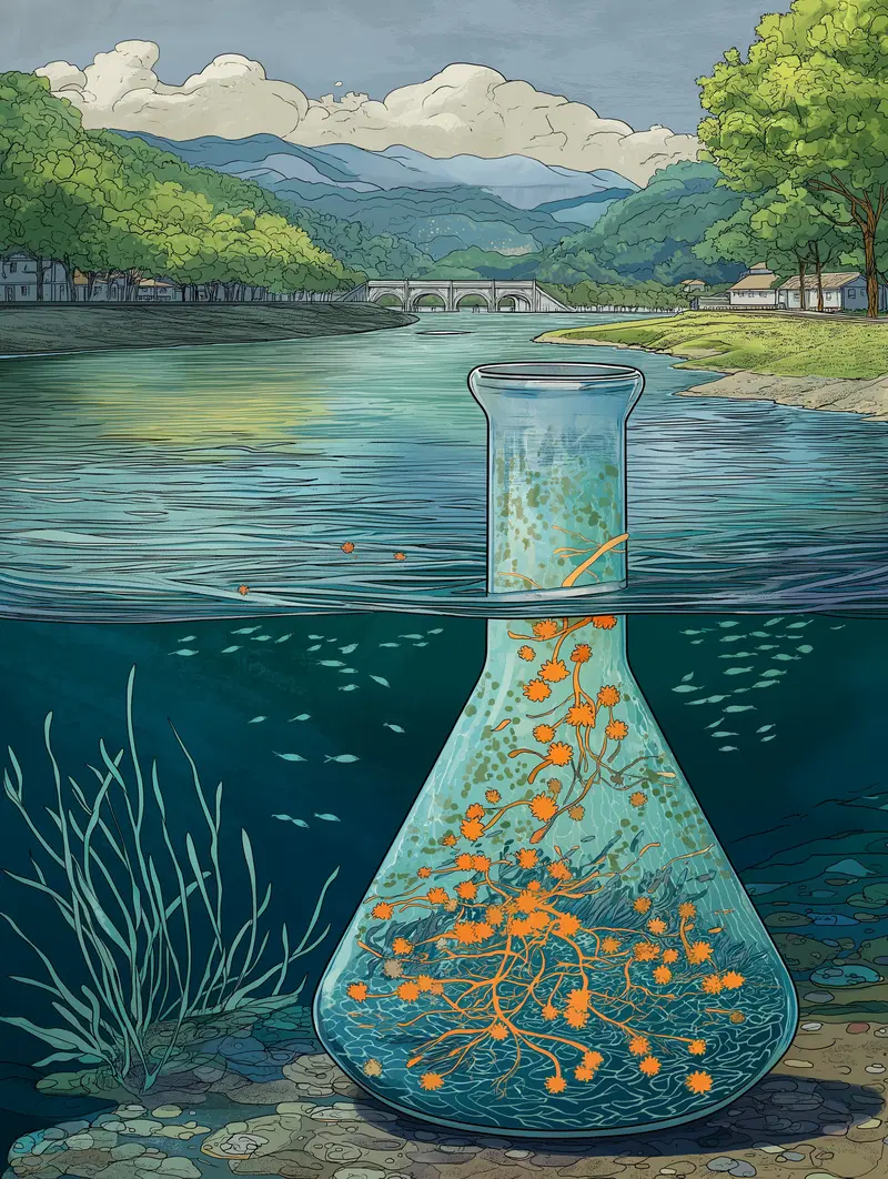 Detailed illustration of a river scene with underwater flora in a flask