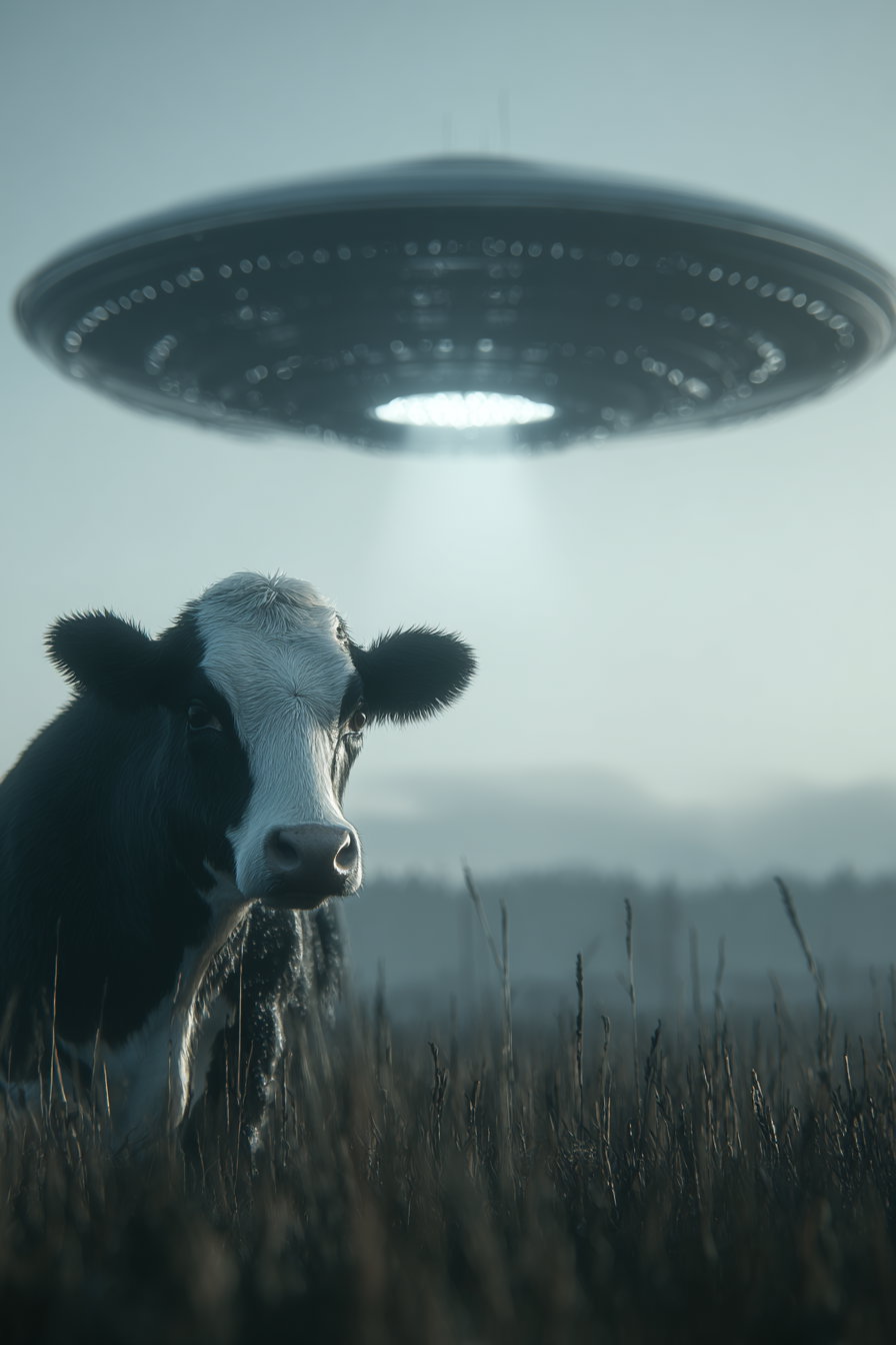 Black and white cow standing in tall grass with a large UFO hovering above shining light down