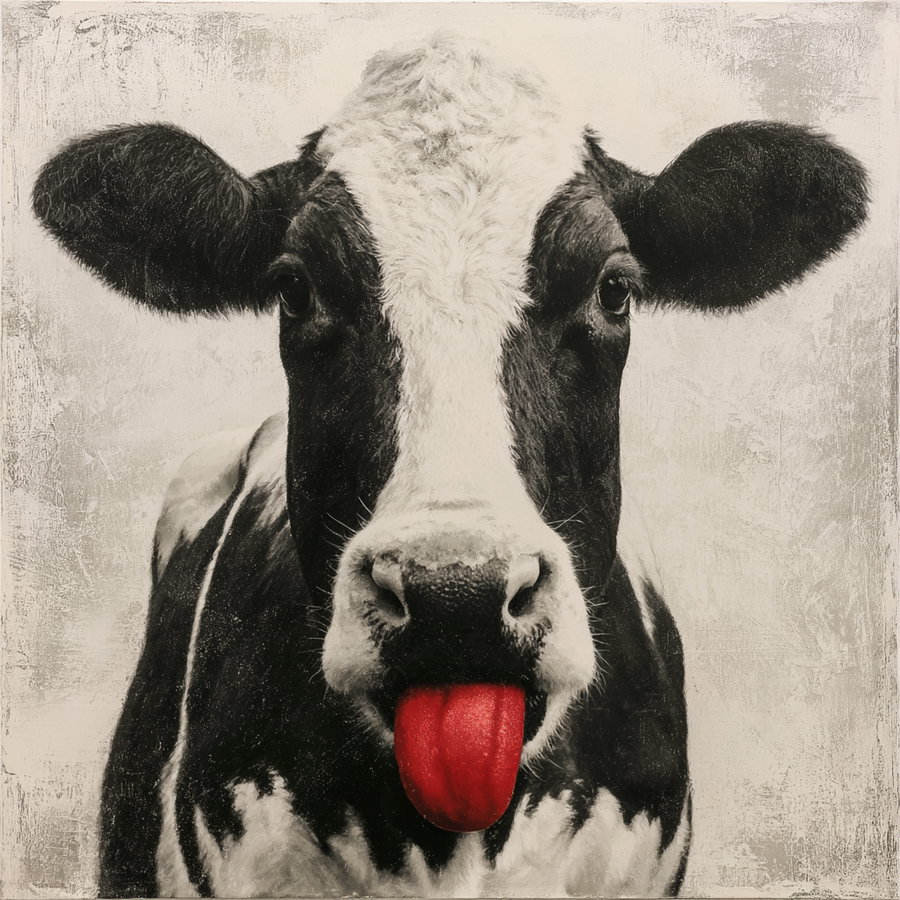 Close-up black and white image of a cow sticking out a bright red tongue