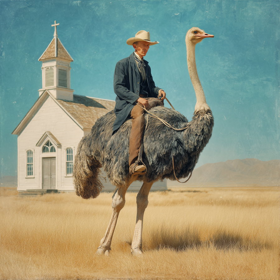 Man wearing a hat and suit riding a large ostrich in a grassy field with a small white church and mountains in the background