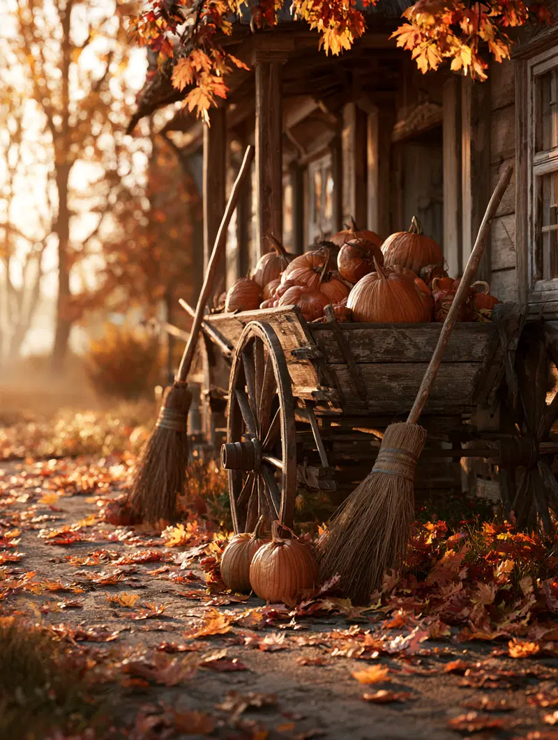 Rustic autumn scene with pumpkins and old wooden cart in soft golden light