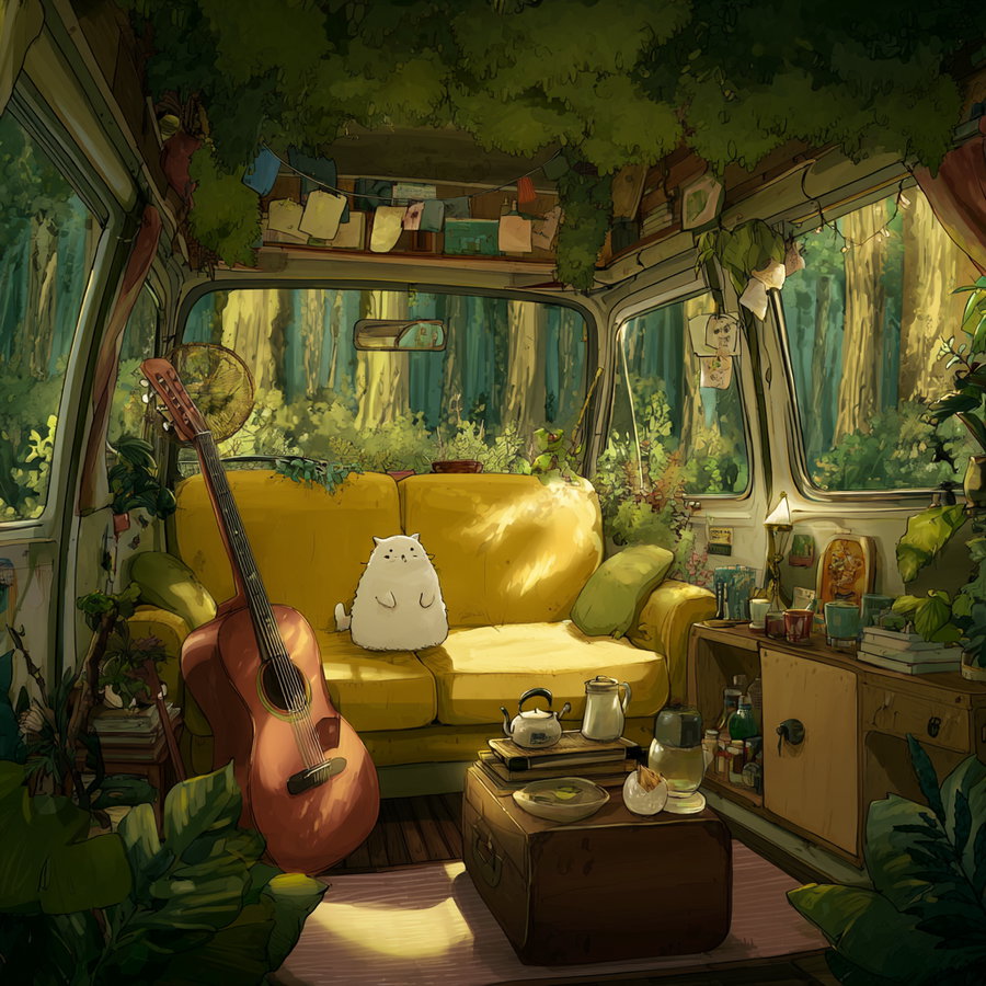 Illustration of a cozy room with large windows showing a forest outside, a yellow sofa with a fluffy white cat plush, a guitar leaning against the sofa, and numerous plants and books scattered around.