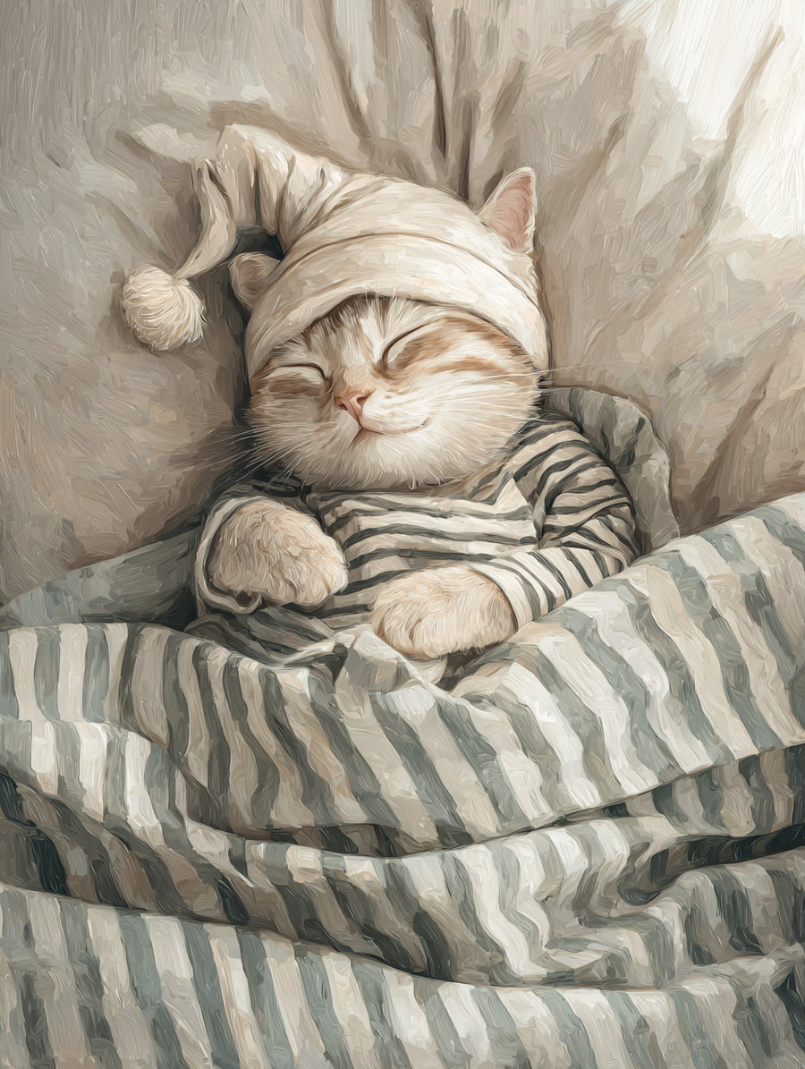 Illustration of a beige-striped cat wearing a nightcap and striped pajamas, sleeping contentedly under a striped blanket on a cream-colored pillow