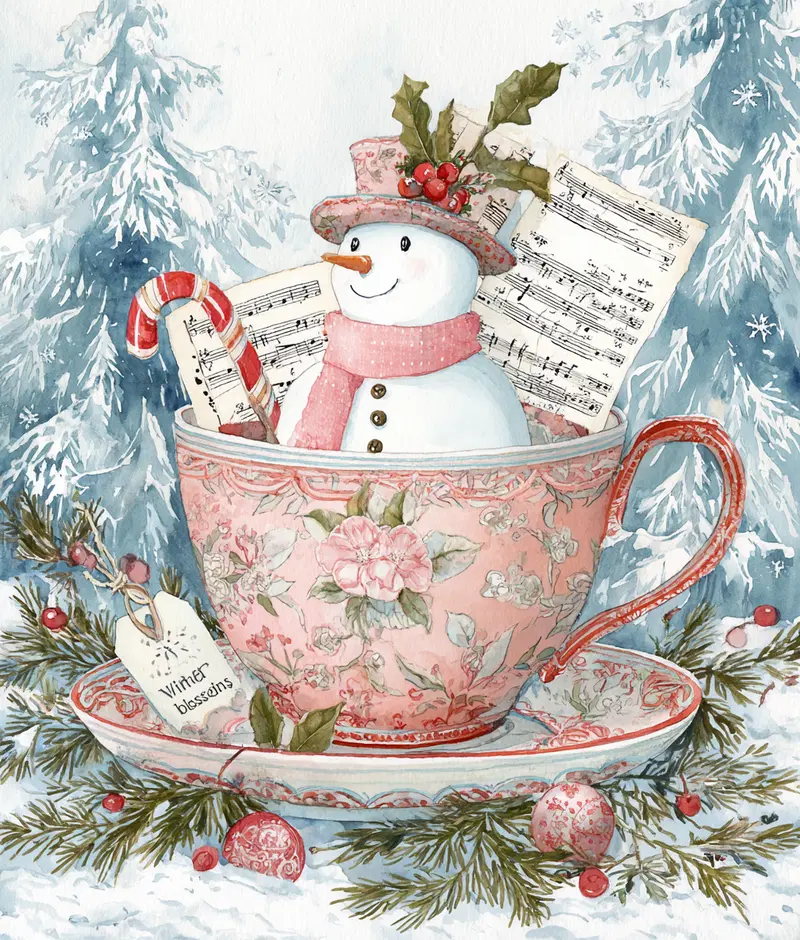 Whimsical winter-themed watercolor featuring a snowman in a floral teacup
