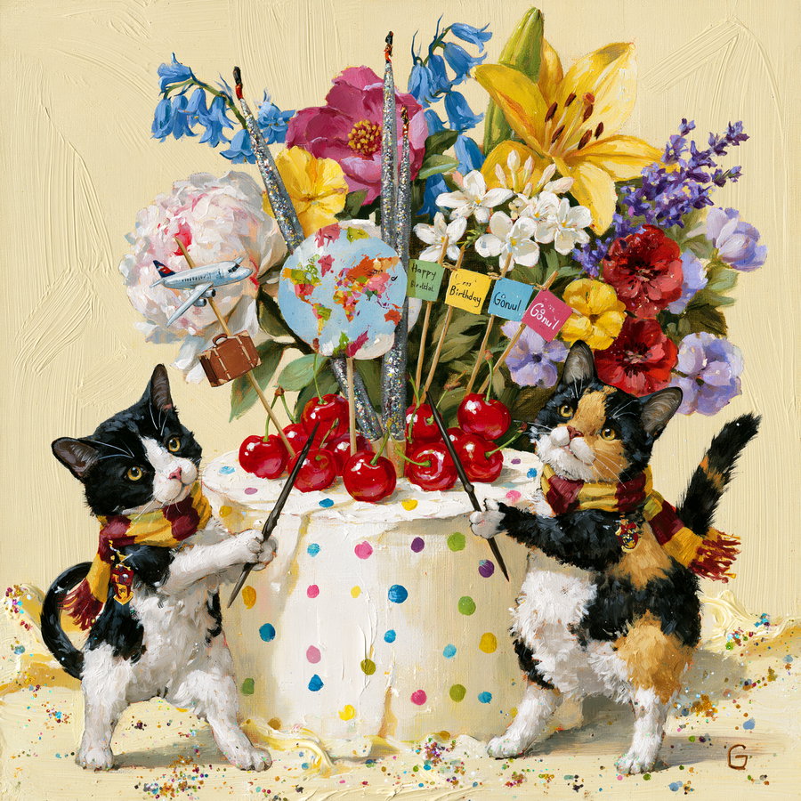 Two cats wearing scarves hold sticks pointing to a polka-dotted cake topped with cherries, flags, and a miniature airplane, surrounded by colorful flowers on a beige background