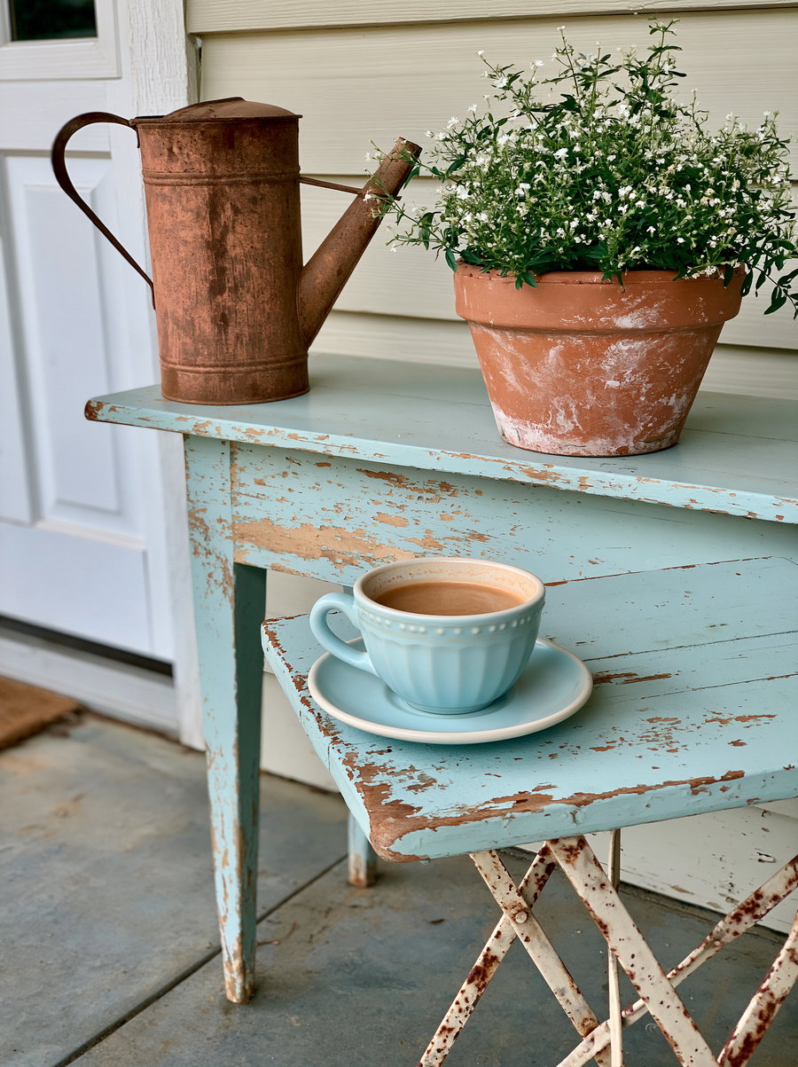 A rustic outdoor scene featuring a blue table with a vintage watering can, a potted plant, and a cup of coffee on a saucer.