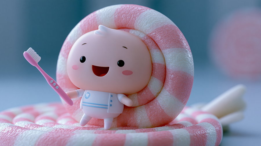 Cute chubby character with pink cheeks holding a pink toothbrush standing against a large pink and white candy swirl