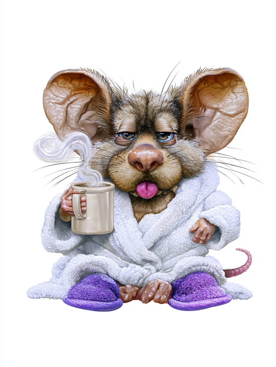 Illustration of a tired-looking mouse with large ears wearing a white bathrobe and purple slippers, holding a steaming mug with its tongue sticking out