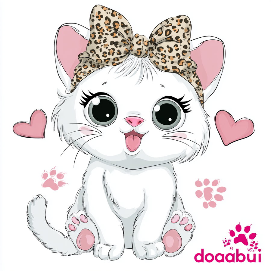 Illustration of a cute white kitten with big eyes, pink nose and paws, wearing a leopard print bow on its head, surrounded by pink hearts and paw prints