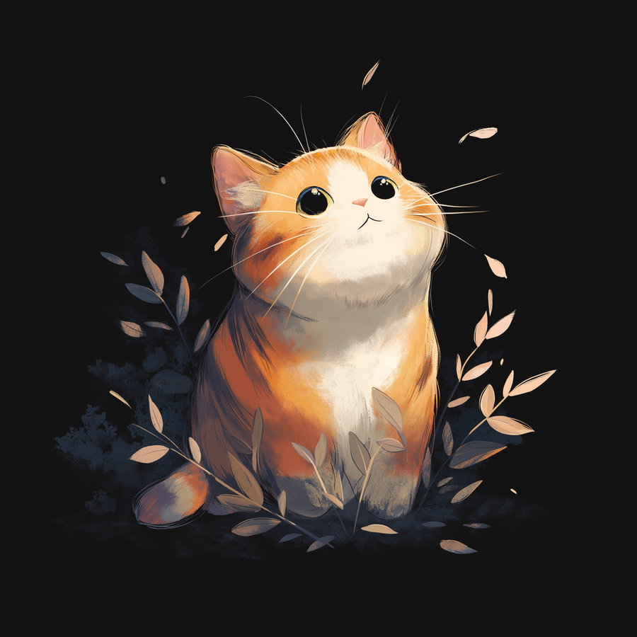 digital painting of a cute orange and white cat with large eyes sitting among stylized brown leaves on a black background