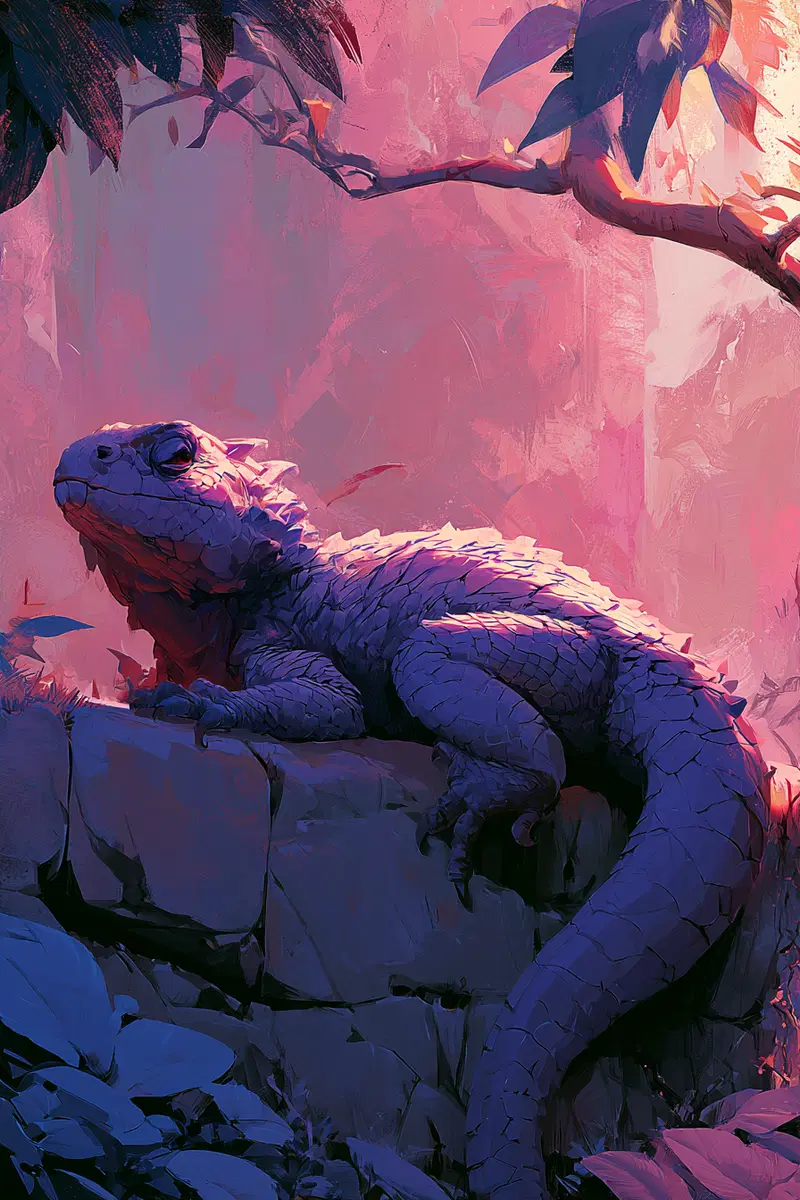 Vibrant lizard resting on a textured stone wall with colorful foliage