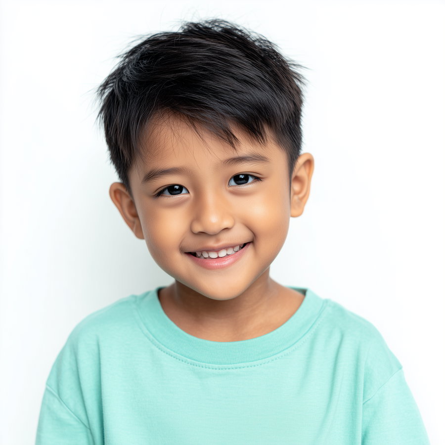 Portrait of a happy young boy with short black hair wearing a mint green shirt against a white background
