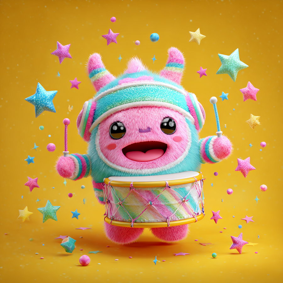 A colorful fluffy character with pink and blue stripes, big black eyes, headphones, holding drumsticks and playing a rainbow-colored drum, surrounded by floating stars and small spheres on a yellow background