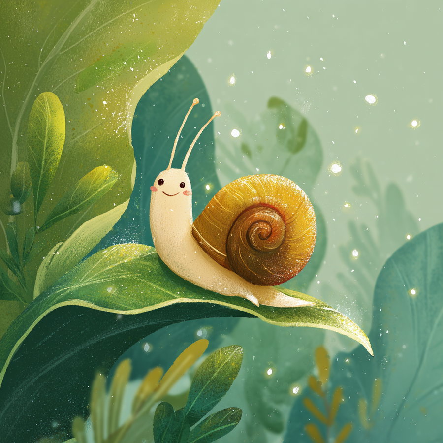 An illustrated happy snail with a brown spiral shell on a bright green leaf surrounded by other tropical leaves and glowing light specks