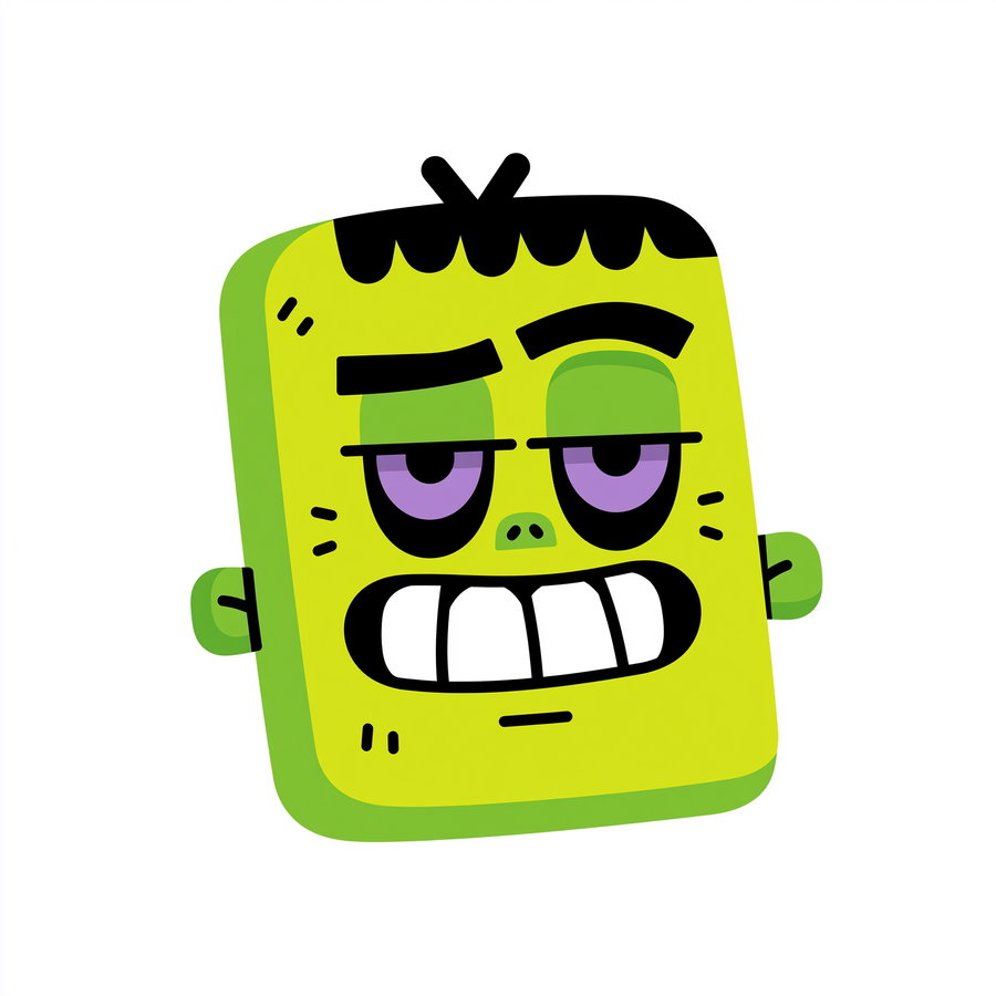 A bright green rectangular cartoon face with black hair, purple eyes looking sideways, small green ears, and a wide white-toothed grin