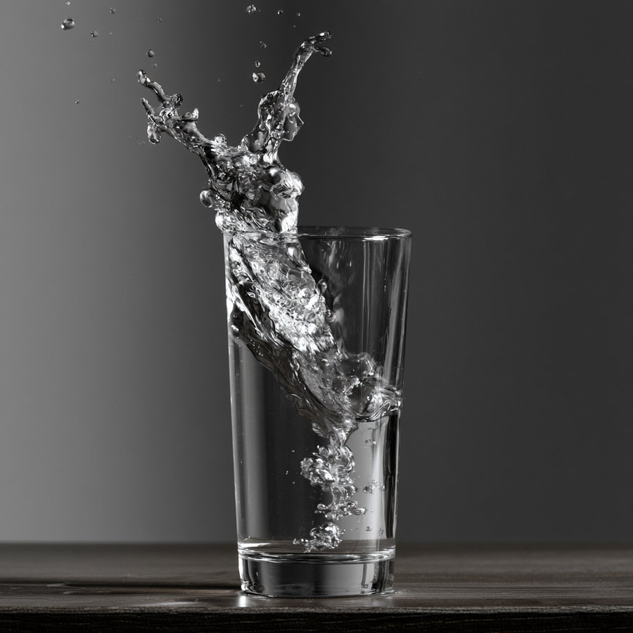 A black and white photo of a splash of water coming out of a nearly full glass on a wooden surface against a plain background