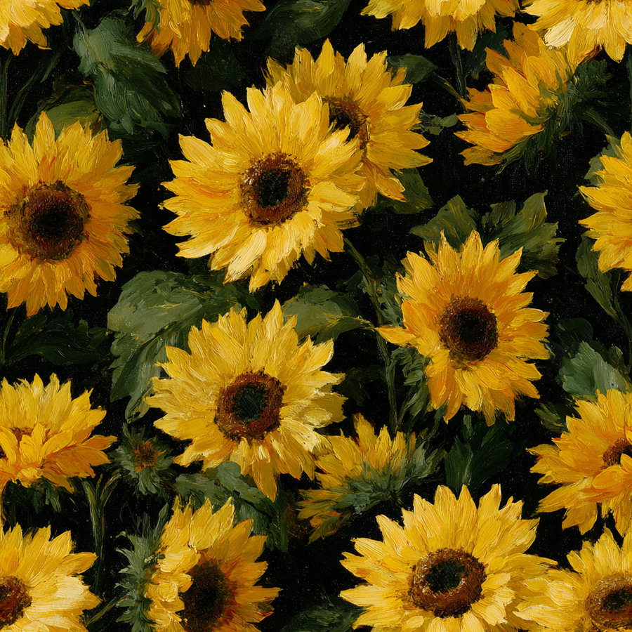 Detailed oil painting depicting numerous bright yellow sunflowers with green leaves on a dark background