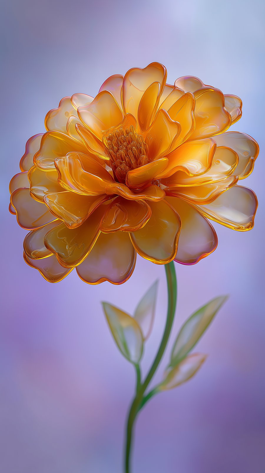 A close-up image of an amber colored flower made of glass-like material with translucent petals, green stem and leaves, against a blurred blue and purple background.