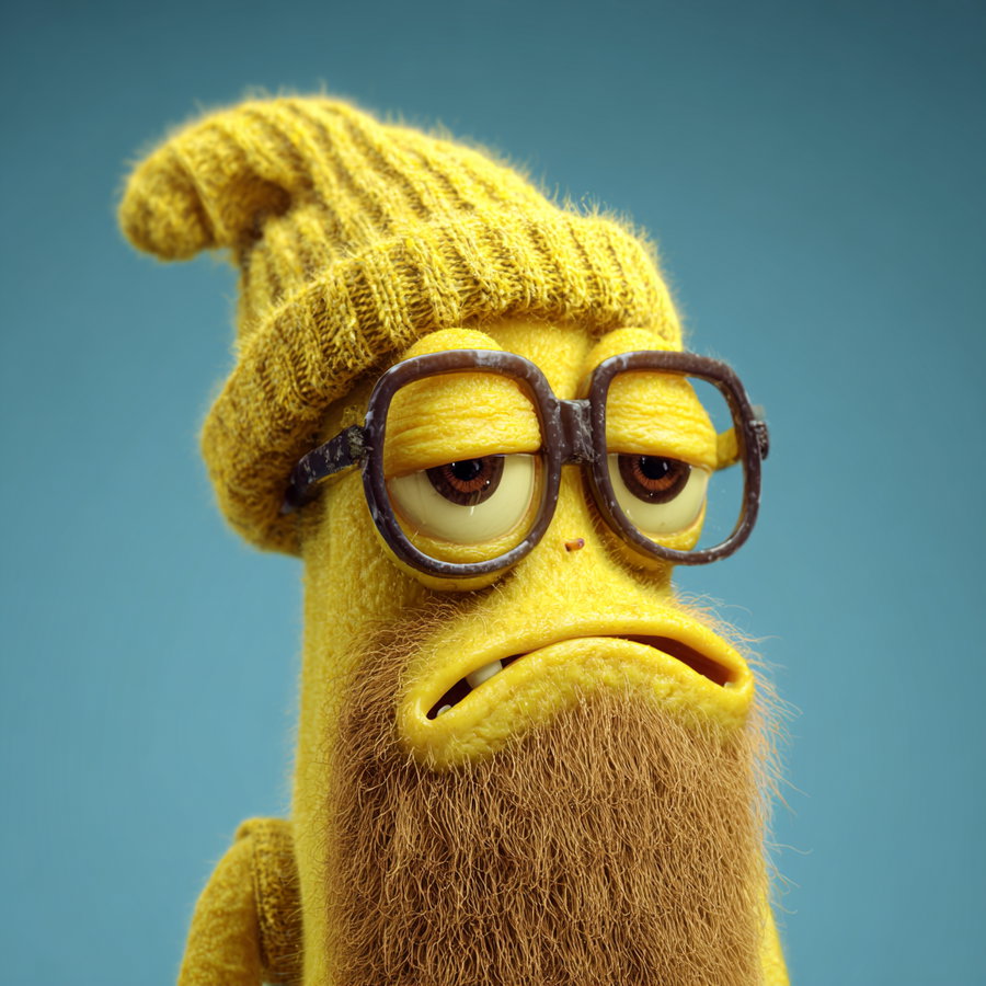 A close-up 3D rendered image of a yellow bird with textured feathers, wearing a yellow knitted beanie and oversized brown glasses, sporting a full brown beard and an expression of fatigue or boredom, all set against a plain blue background.