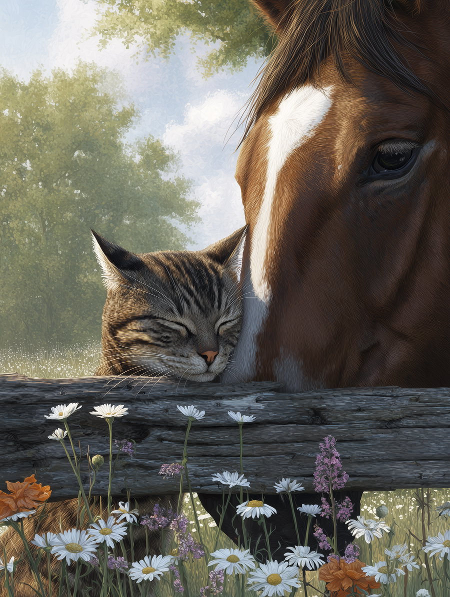 A detailed illustration showing a tabby cat with eyes closed leaning its head against the nose of a brown horse over a rustic wooden fence surrounded by white daisies and other wildflowers with green trees and a cloudy blue sky in the background