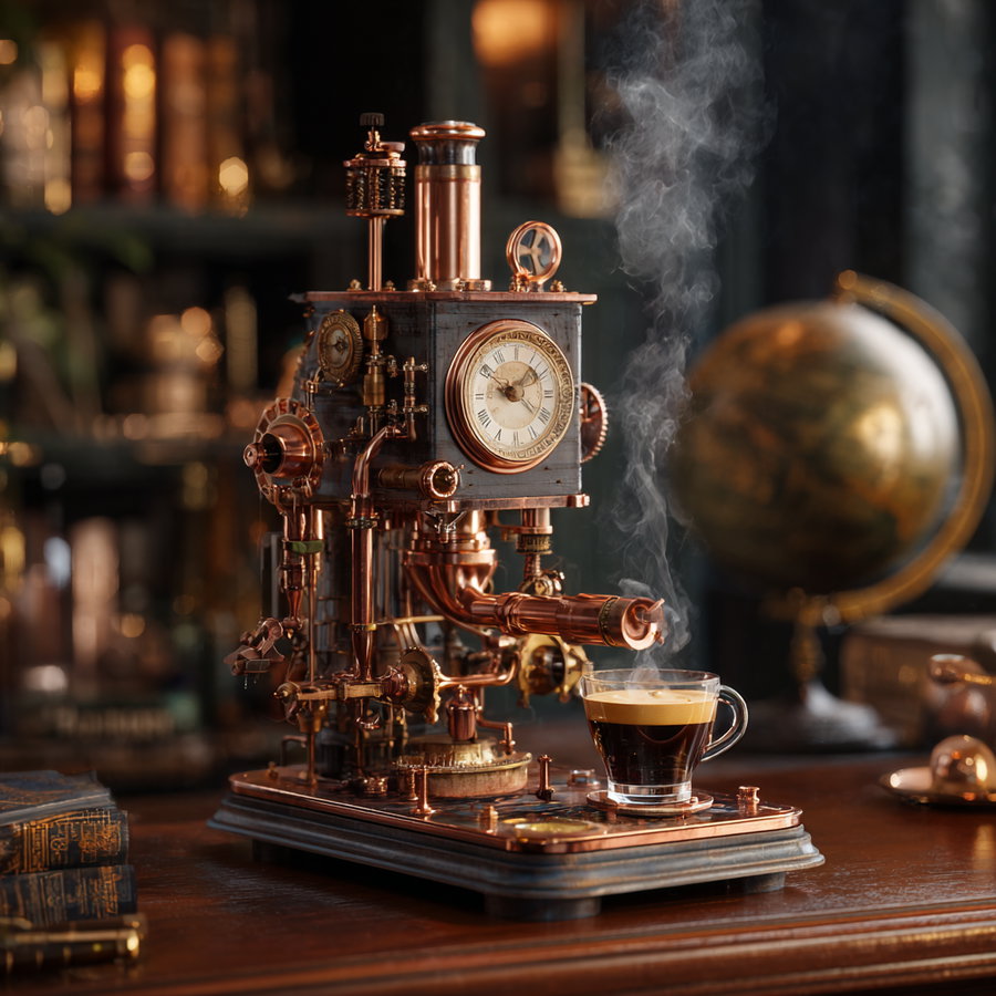 Detailed vintage steampunk coffee machine made of copper and brass with a built-in clock, steaming espresso cup, old books, and a globe on a wooden table